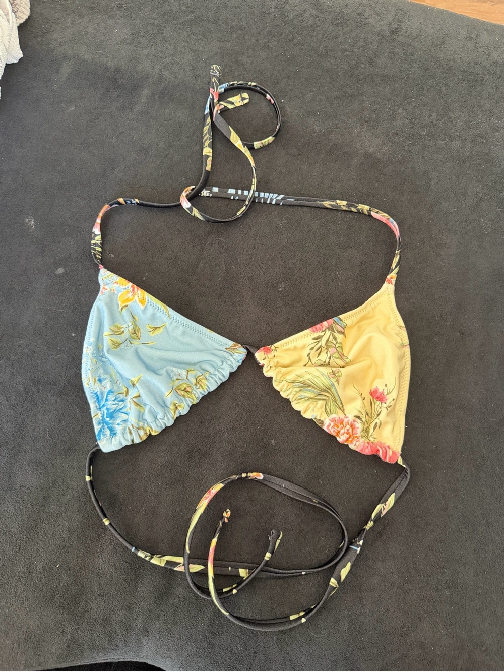 Shade & Shore Two-Tone Floral Triangle Bikini Top - Blue & Yellow